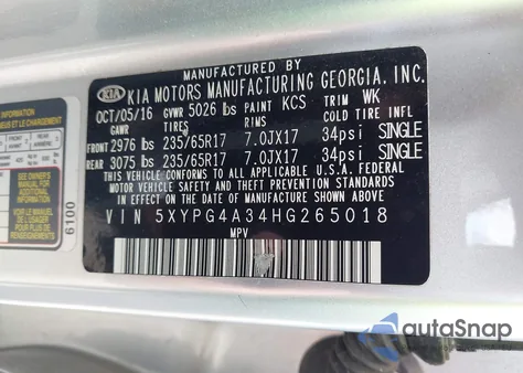 2017 Kia Sorento 2.4L Lx z USA, uszkodzony, nr VIN 5XYPG4A34HG265018